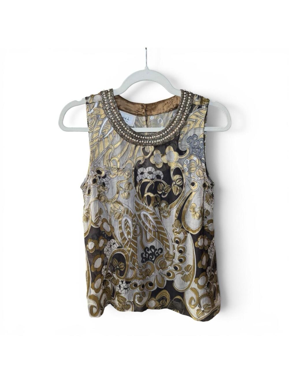 ECI Silk Blend Beaded Sleeveless Blouse Size S Gold Black Tank Top Gems